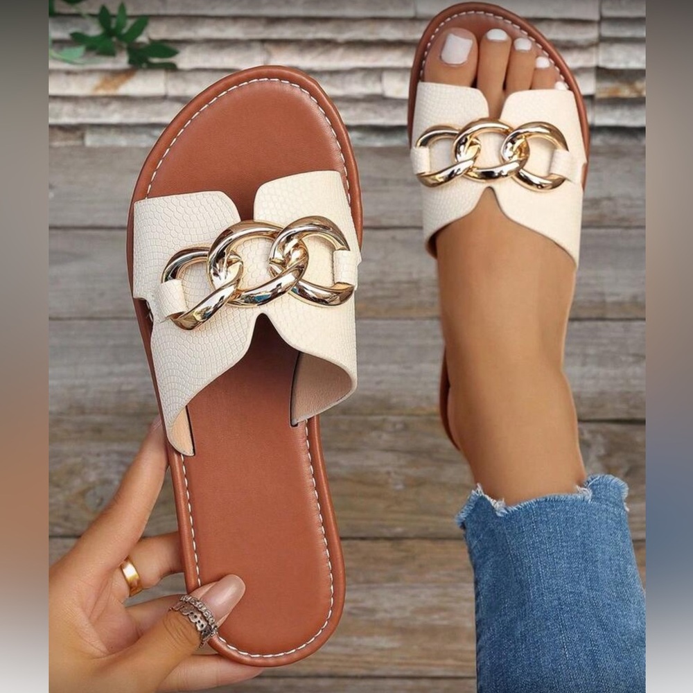 Women's Cream and Gold Chain Slide Sandals